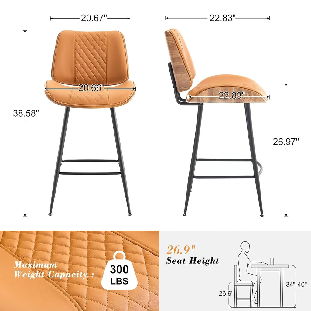 Counter Height Barstools Set of 3, 26.9" Armless Stools with Metal Legs, Walnut Pub Chair in Modern Style, Customized
