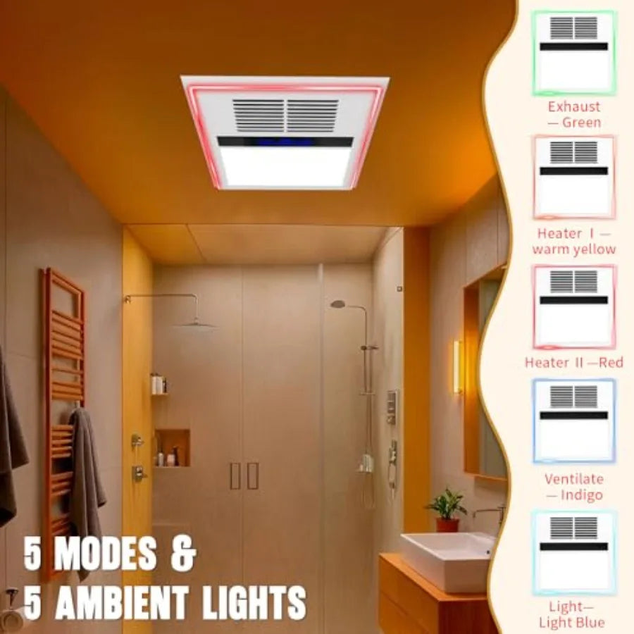 4 in 1 Bathroom Exhaust Fan with Heater and Light 2800W Heater 211CFM 5-Color Mood Lighting Low Noise Wall Control for Bathroom