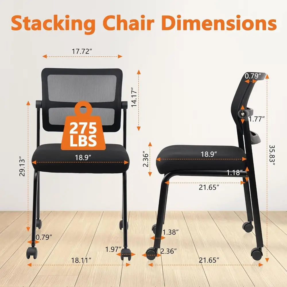 Adjustable Mesh Backrest Stacking Office Chair with Wheels, Ergonomic Lumbar Support, Leather Seat Cushion for Conference, Lobby