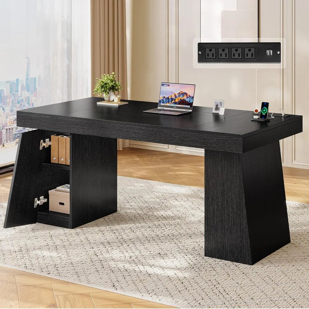 55.9 in Executive Desk with Power Outlets, Modern Home Office Desk with Storage Cabinet, Wood Computer Desk Business Workstation