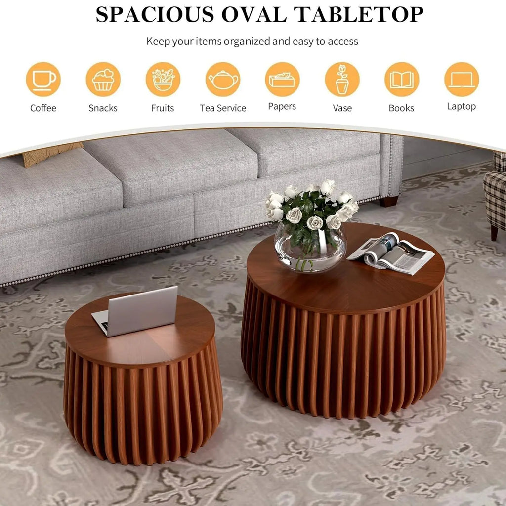 Round Storage Fluted Nesting Coffee Table Set of 2, Mid Century Modern Handcraft Circle Nested Coffee Table Set for, Customized