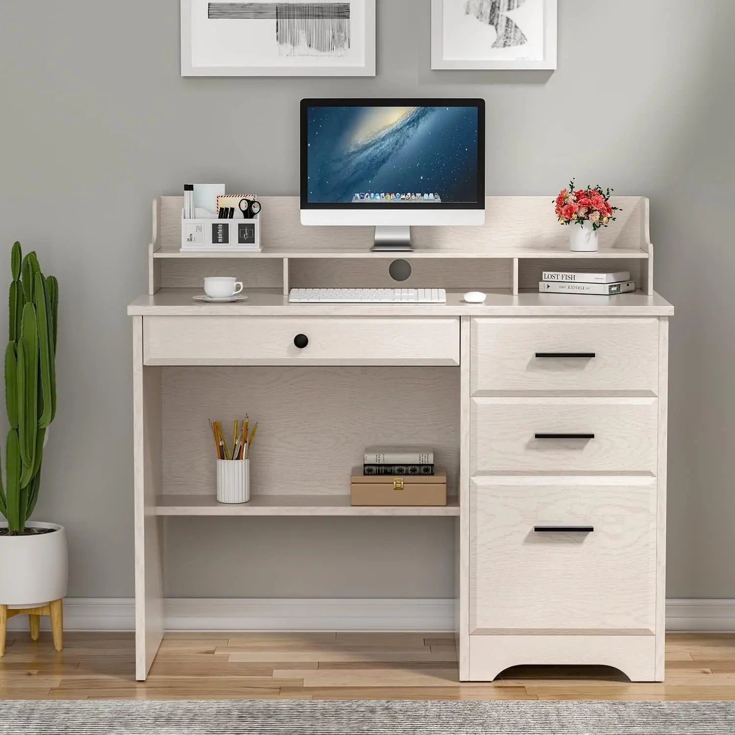 Home Office Desk with 4 Drawers & Hutch Computer Table Bedroom Off-White, Customized