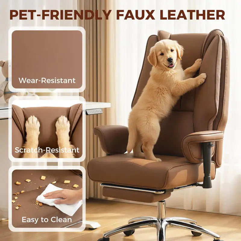 Ergonomic Office Chair, High Back Reclining Desk Chair with Adjustable Armrests, Pet Friendly Faux Leather, Brown