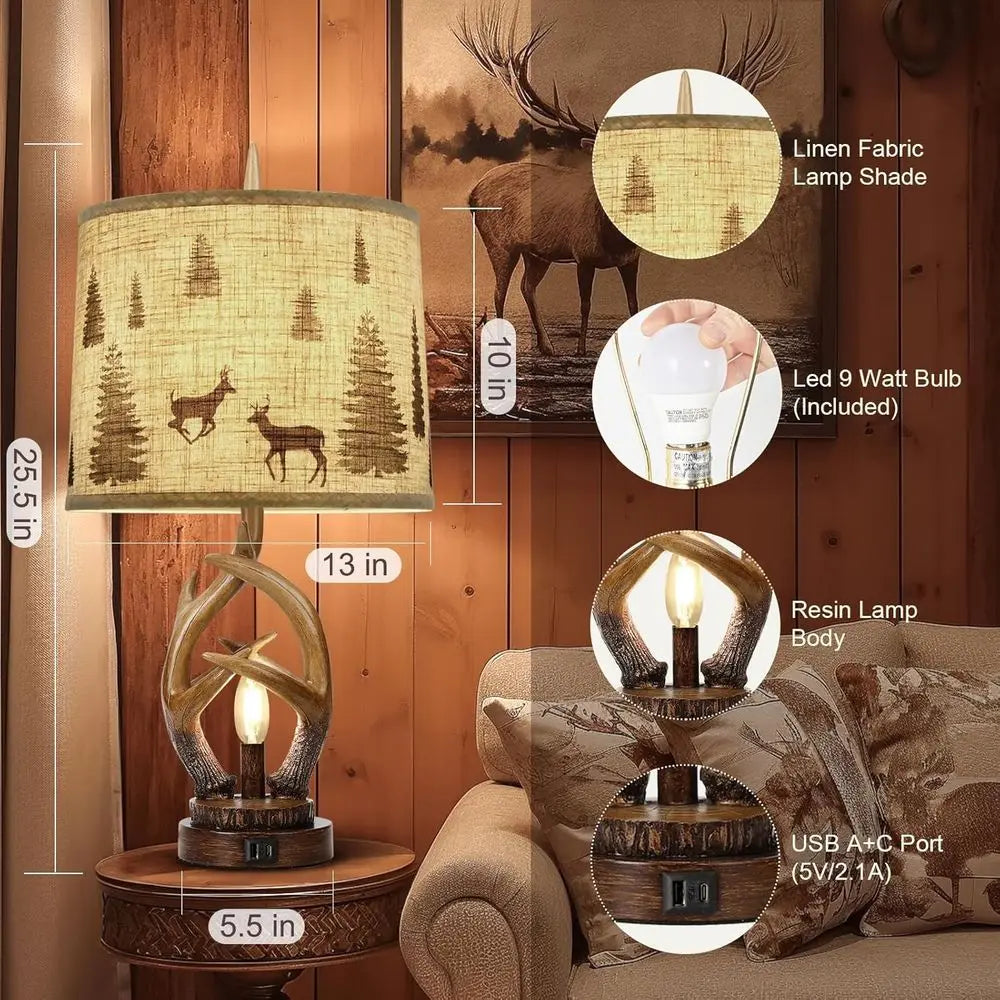 Rustic Antler Table Lamp Set of 2 with Nightlight, Dual USB Ports, Linen Fabric Shade, Suitable for Bedroom, Living Room, Office