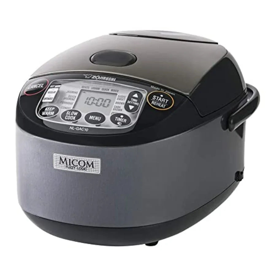 5.5 Cup Uncooked Umami Micom Rice Cooker Bundle with Oven Mitt 2-Pack and 15-Inch Bamboo Spoon in Black Stainless Steel