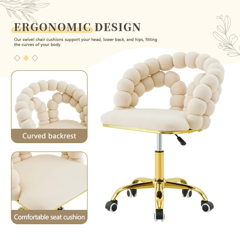 Modern Velvet Adjustable Swivel Desk Chair with Bubble Back, Upholstered Vanity Chair with Gold Metal Base, Rolling Office Chair