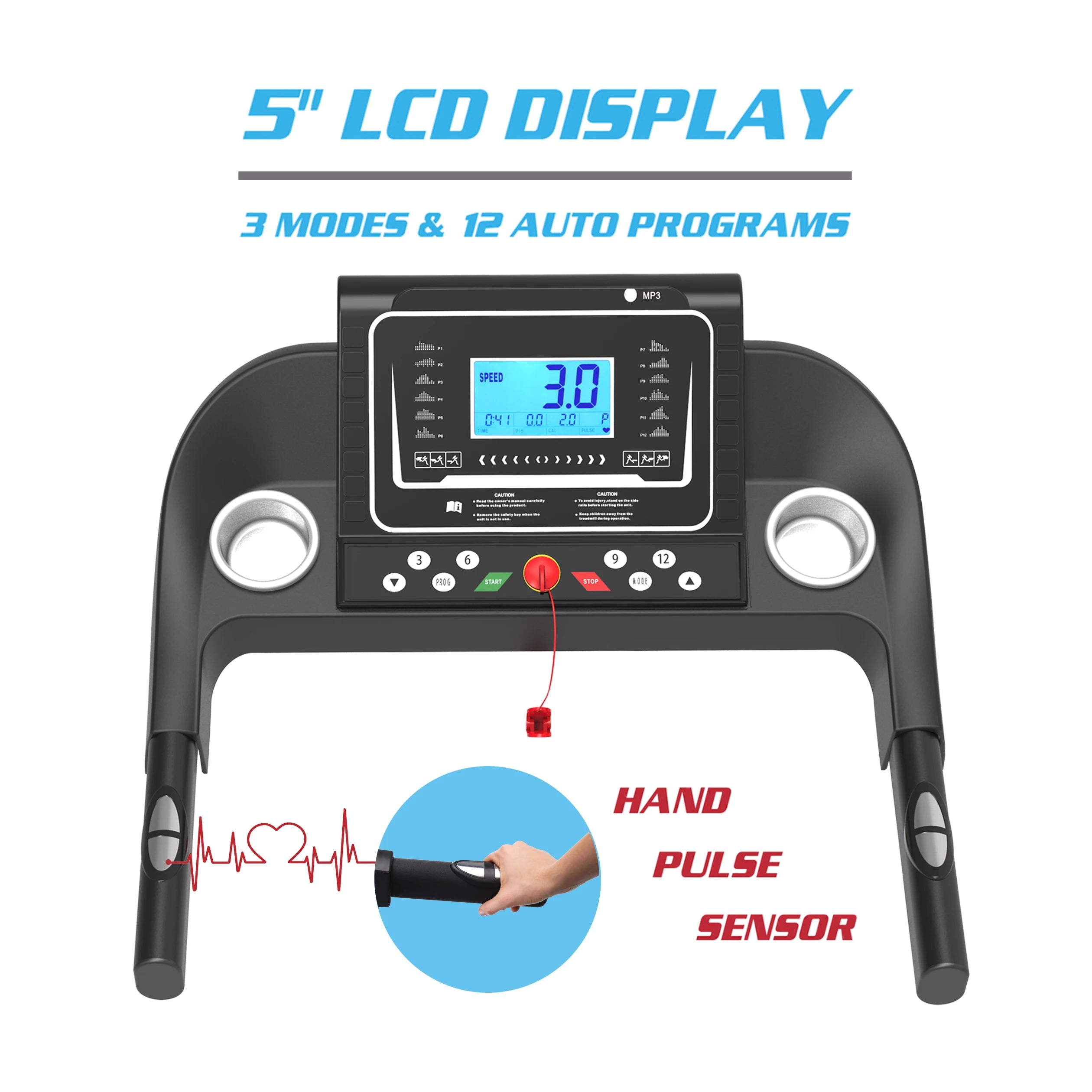 Folding Treadmill, Smart Motorized Treadmill with Manual Incline and Air Spring & MP3, Exercise Running Machine with 5" LCD Disp