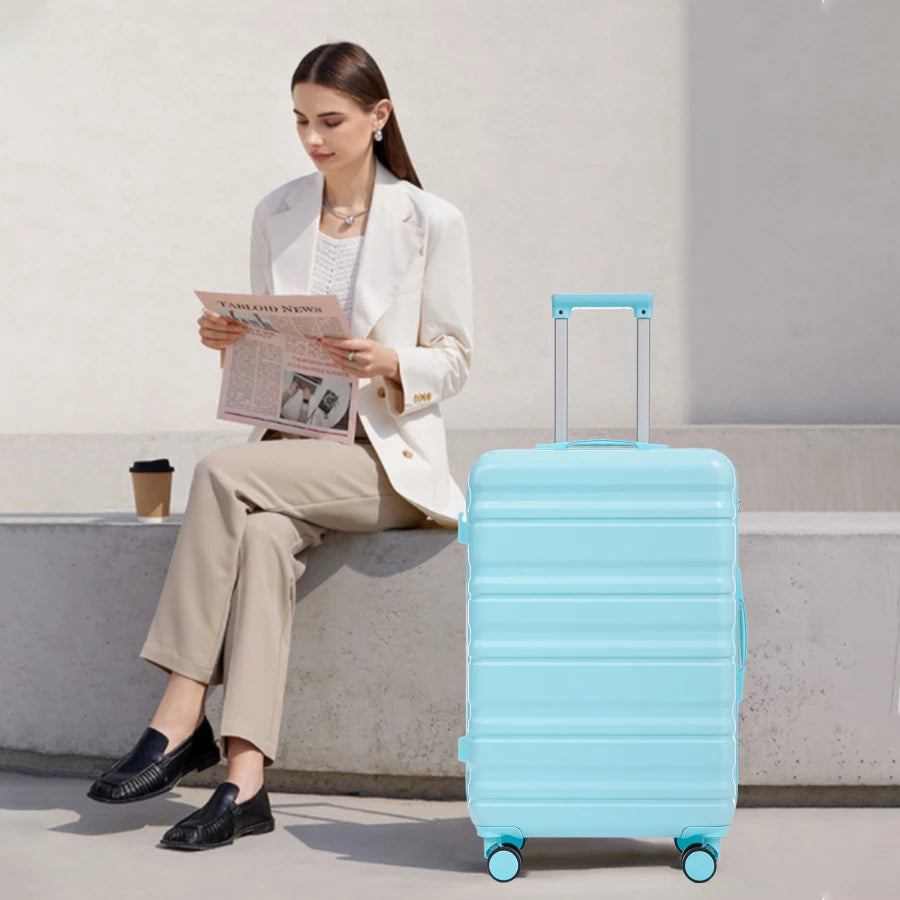 Travel luggage set for tourists: 20/24/28 ABS spinner wheel suitcases with carry-on size, matching blue color, and combination
