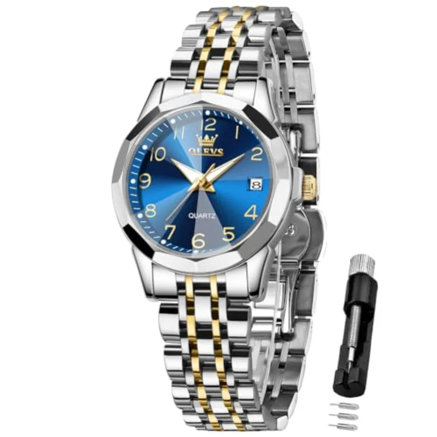 OLEVS Womens Watch Classic Dress Number Female Watches for Ladies Analog Quartz Stainless Steel Waterproof Lumius Day Date Two