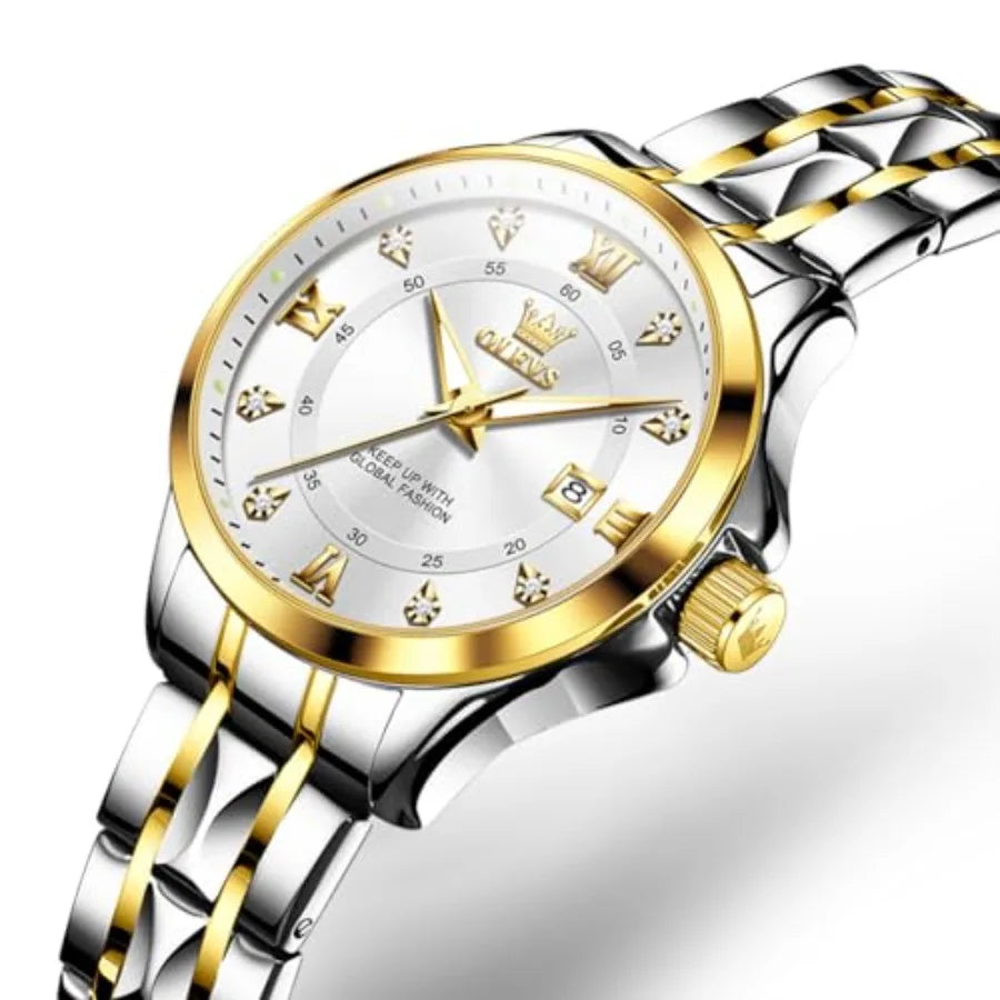 OLEVS Luxury Diamond Small Female Watches - Stainless Steel Bracelet, Waterproof Business Dress Analog Lumius Date Ladies Watch