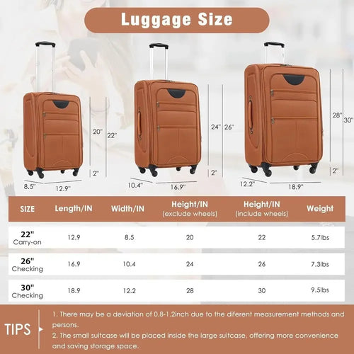 3-Piece Expandable Luggage Set with Spinner Wheels and TSA Lock, 22, 26, 30 (Orange)