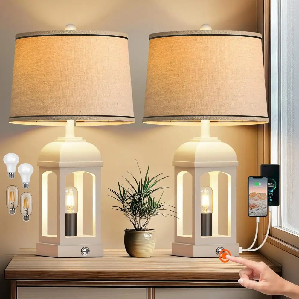 Table Lamp for Living Room, Farmhouse Lamps Set of 2 with USB A+C and Nightlight, 26" Rustic Bedside Lamps with 3-Way Dimmable