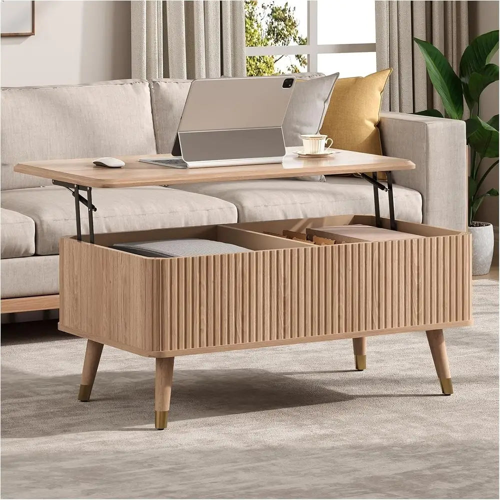 Lit Top Coee Table with Storage, Century ern Coee Table with Solid Wood Legs, 38" Minimalist luted Center Table or Living Room,