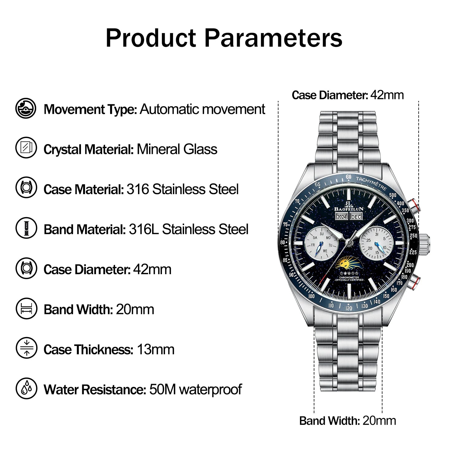 BAOFEILUN Moons Automatic Watches for Men Full Calendar 42MM Galaxy Dial Mineral Crystal 30M Waterproof Luxury Reloj Hombre Gift