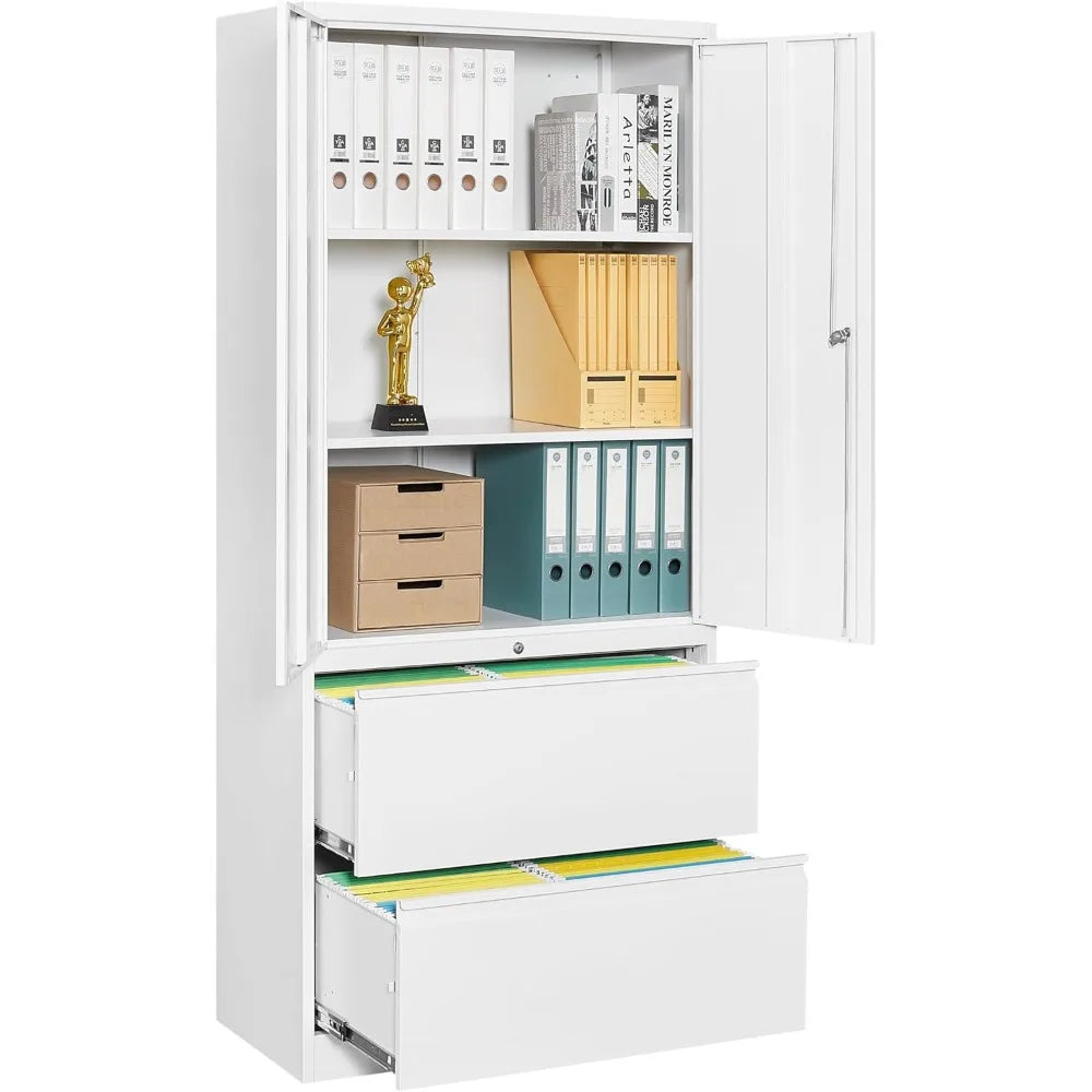 White 2-Drawer Locking Lateral File Cabinet with Shelf, 71 Storage Cabinet for Secure Metal Filing