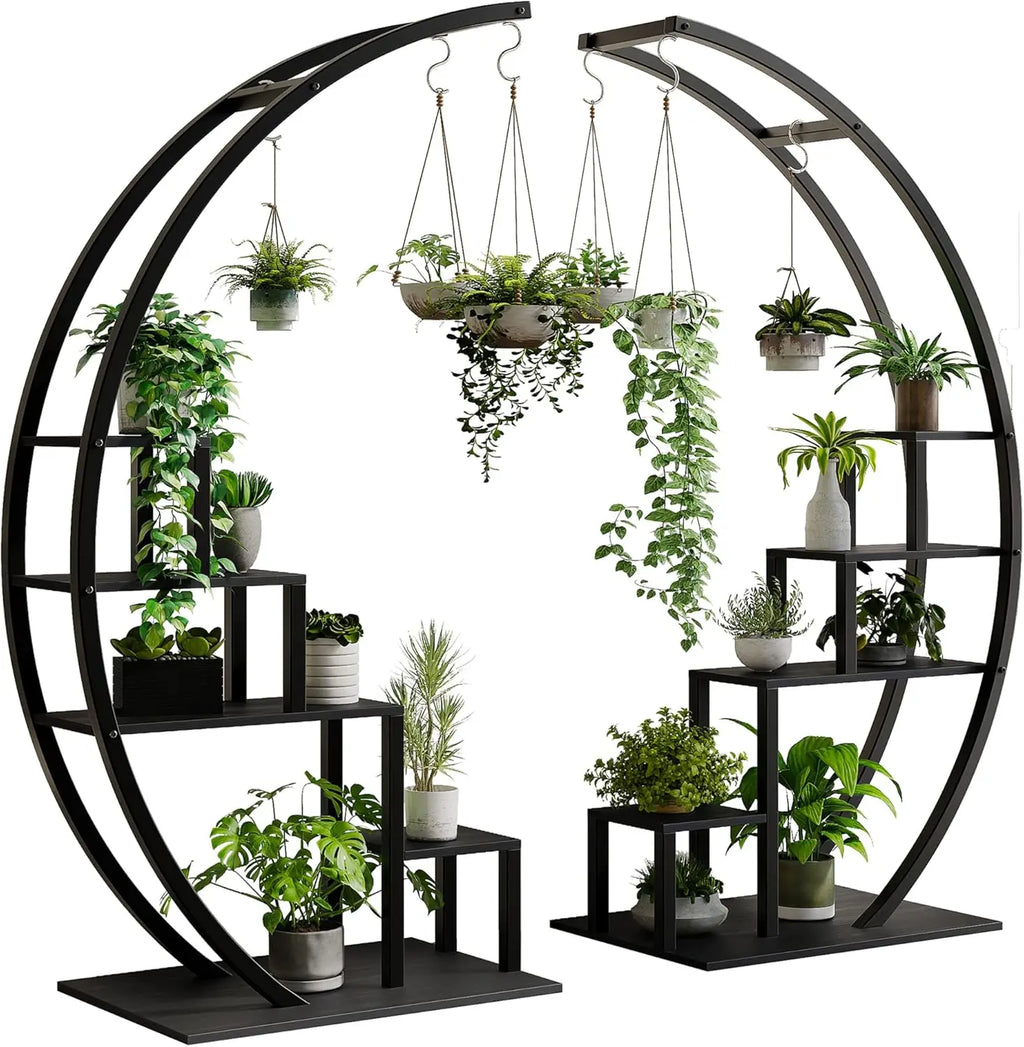 5-Tier Tall Metal Plant Stand, Half Moon Flower Pot Shelf - Multi-Level Indoor & Outdoor Corner Display Rack with Hanging