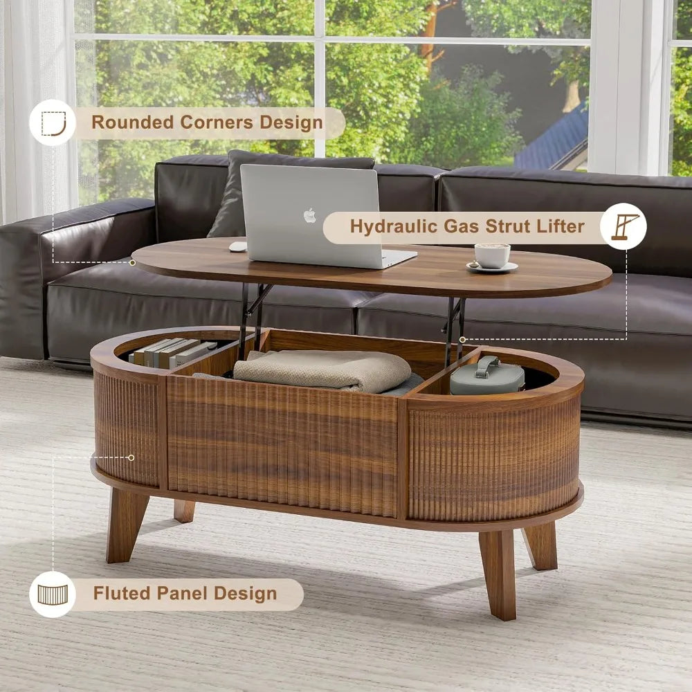 Fluted Lift Top Coffee Table with Storage, Modern Oval Coffee Table for Living Room or Home Office (Walnut)
