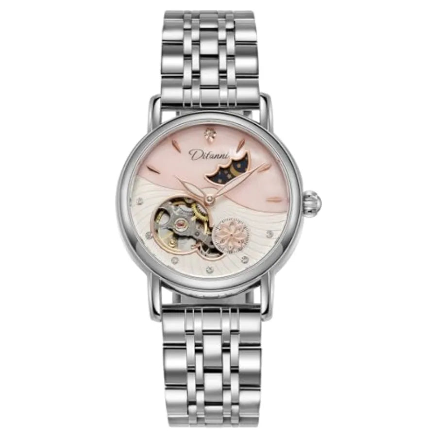 Womens Automatic Mechanical Stainless Steel Moonphase Watches Leather Strap Self-Winding Pearl Skeleton dial Waterproof Ladies