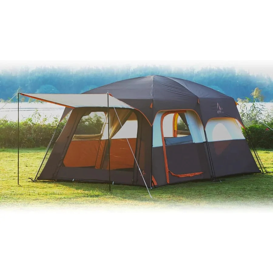Extra Large Tent 6-10-12-14 Person Style-B Family Cabin Tents with 2 Rooms 3 Doors and 3 Windows Featuring Mesh Panels Straight