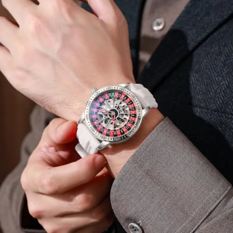 Men's Watch Automatic Hollow Mechanical Roulette Wheel Design 30M Waterproof Casual Fashion Wristwatches for Men