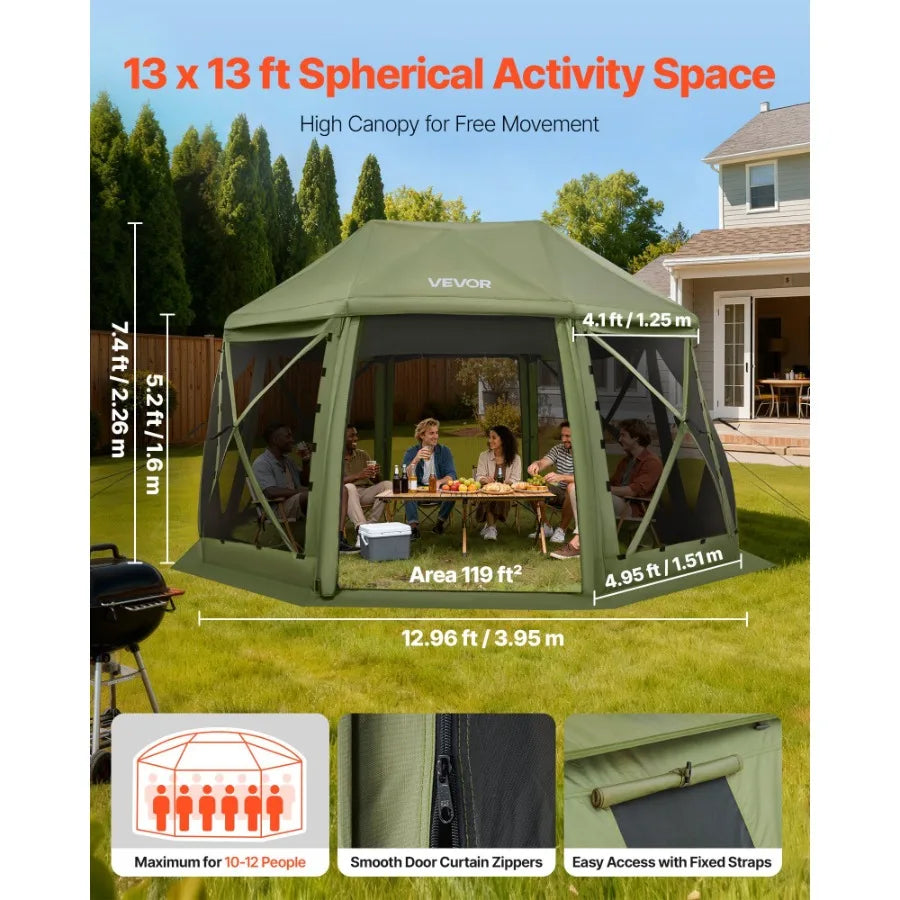 Pop up Gazebo Screen Tent 13 x 13 ft 13-Sided Spherical Camping Canopy with Removable Top Carry Bag Quick-Set Bite-Proof Green