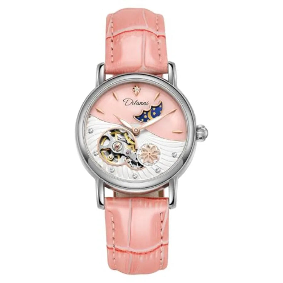 Womens Automatic Mechanical Stainless Steel Moonphase Watches Leather Strap Self-Winding Pearl Skeleton dial Waterproof Ladies