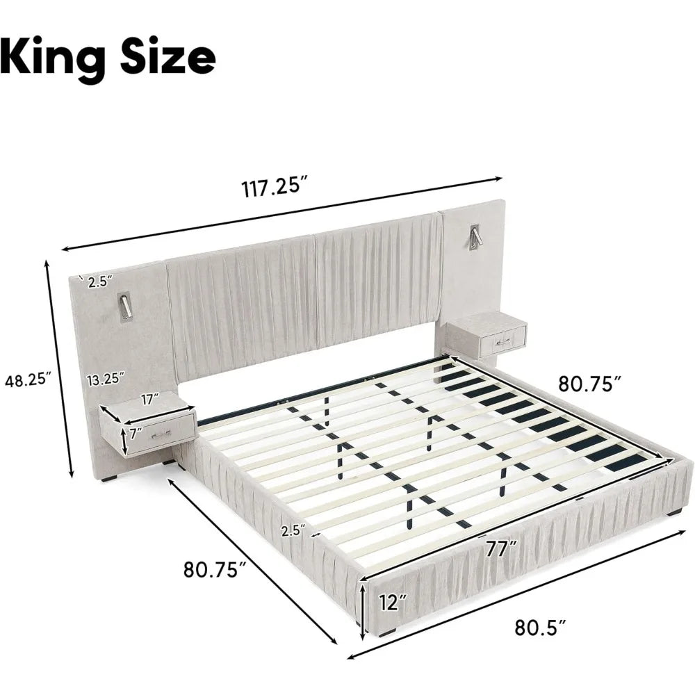 King Size Luxury Bed Frame with Pleated Design Headboard, Upholstered Hotel Platform Bed with Built-in LED Lights and Nightstand
