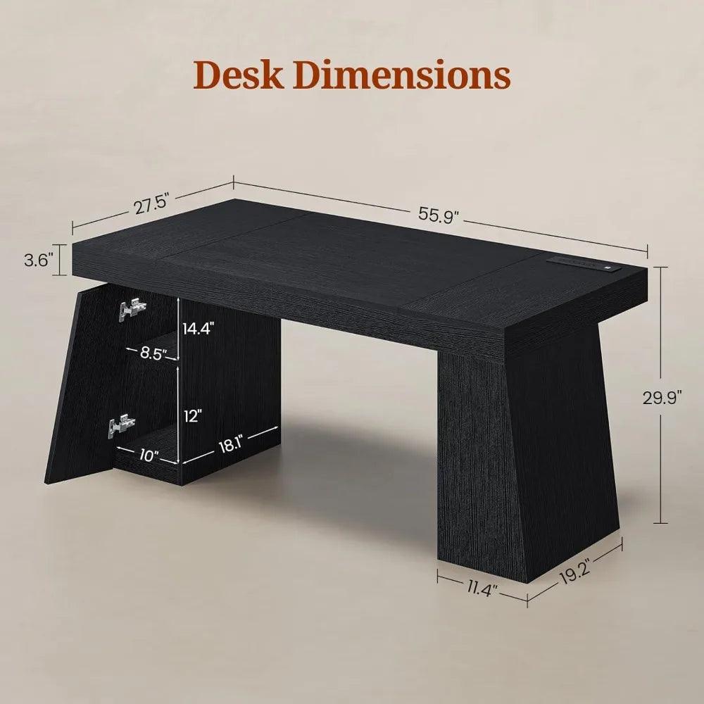 55.9 in Executive Desk with Power Outlets, Modern Home Office Desk with Storage Cabinet, Wood Computer Desk Business Workstation