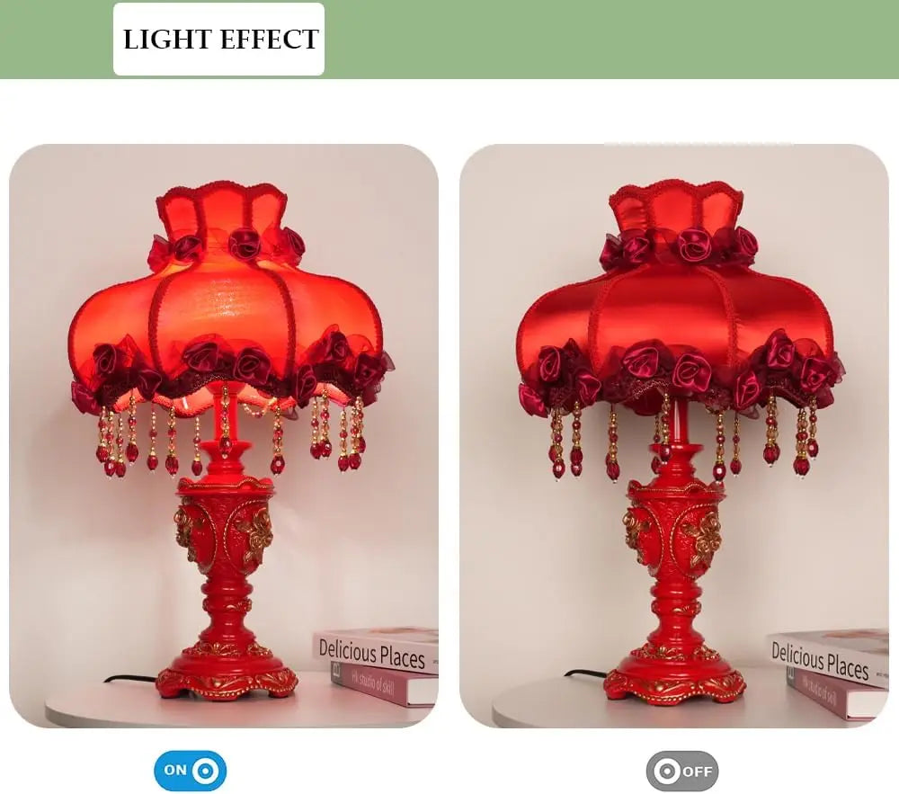 Elegant Antique Flower Table Lamp with Fabric Shade, Rose Decorative Night Light for Bedroom Nightstand
