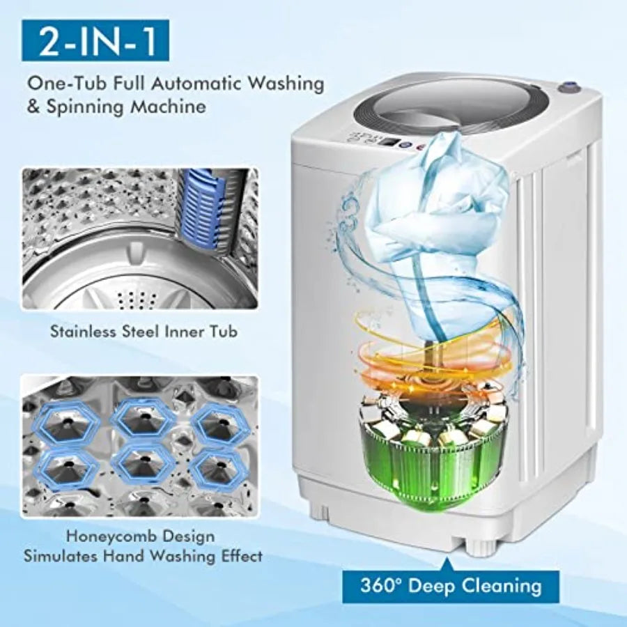 Portable 8Lbs Ccity Full-Automatic Washing Machine with 6 Wash Programs LED Display 3 Water Levels Compact Laundry Washer Dryer