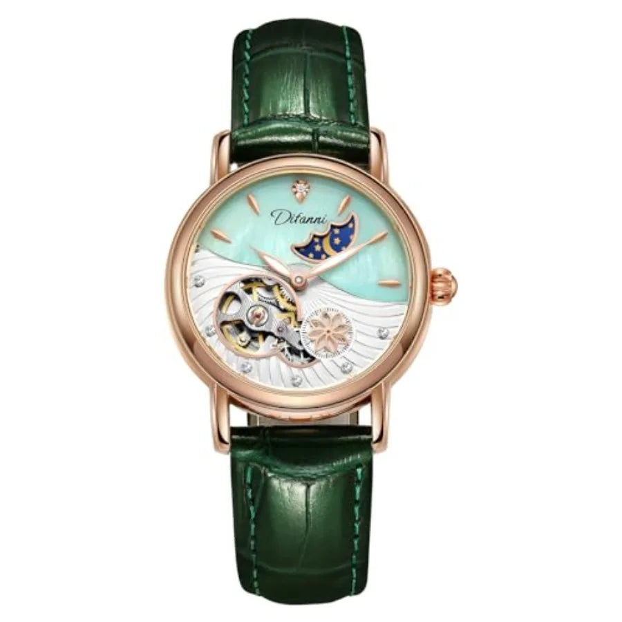 Womens Automatic Mechanical Stainless Steel Moonphase Watches Leather Strap Self-Winding Pearl Skeleton dial Waterproof Ladies