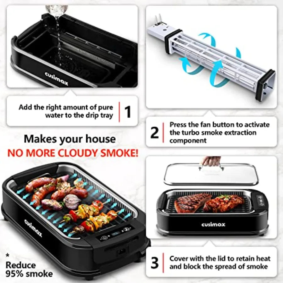 Indoor Grill Smokeless 1500W Electric Griddle for Korean BBQ with LED Smart Display Tempered Glass Lid Non-stick Removable Plat