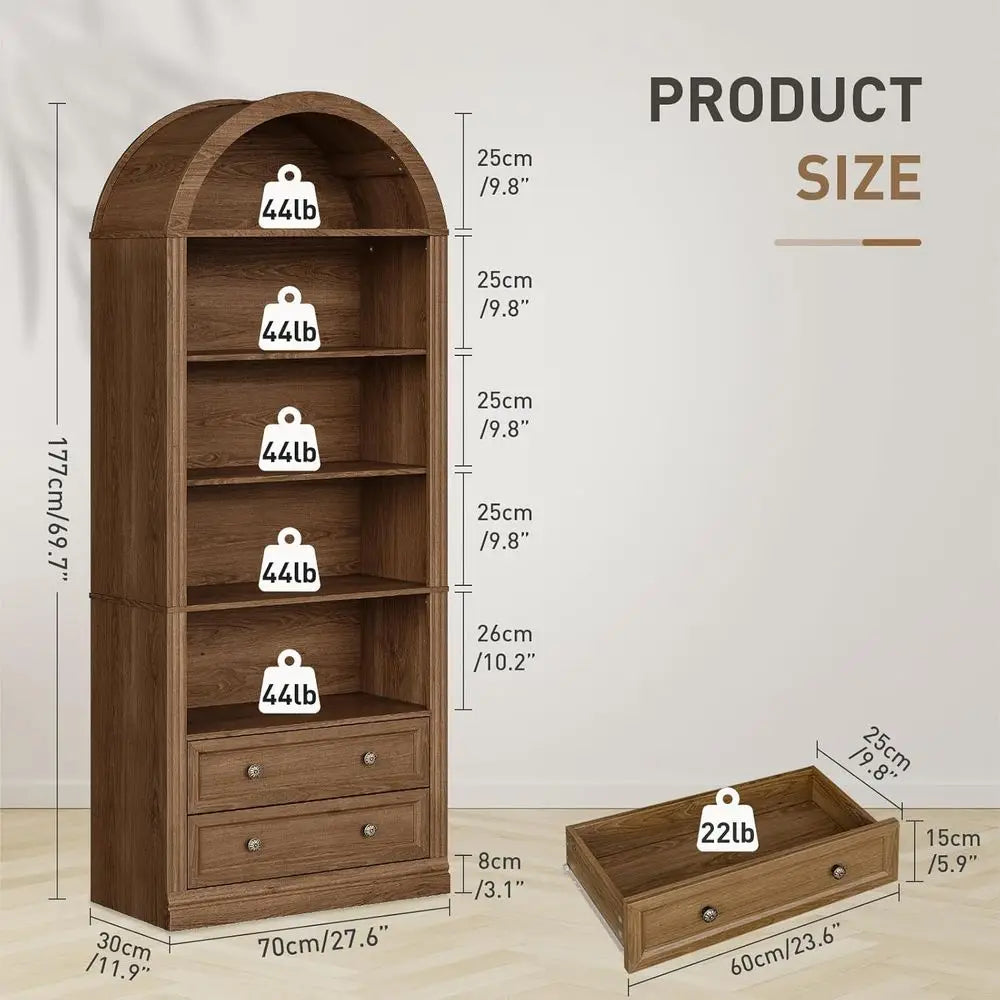 7-Tier Arched Bookshelf with Storage, Suitable for Home and Office, Walnut Finish