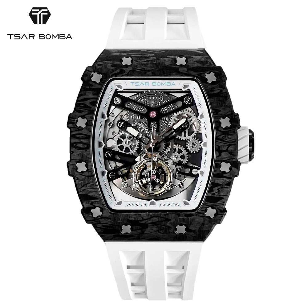 TSAR BOMBA 2022 Luxury Mens Automatic Watch Waterproof Carbon Fiber Clock Tonneau Skeleton Mechanical Wrist Watch for Men