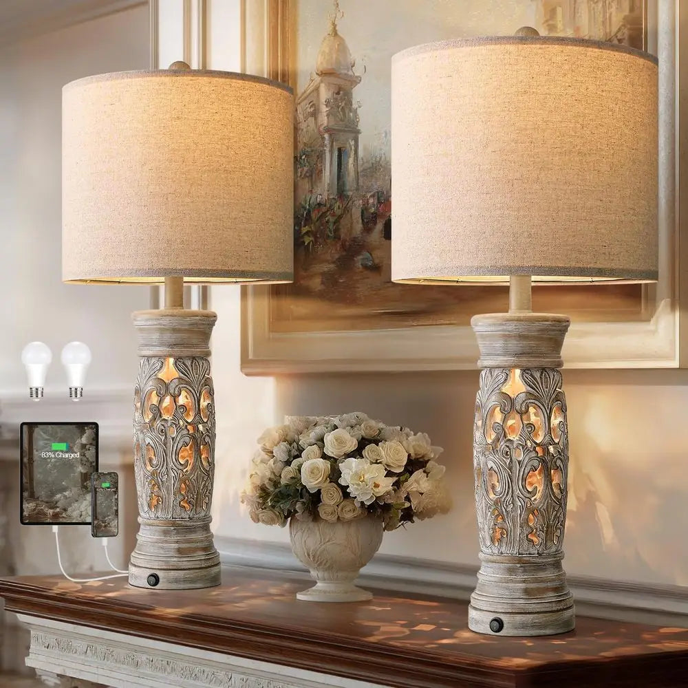 Set of 2 Rustic Vintage Table Lamps with Night Light & USB Ports, Suitable for Bedroom, Living Room, Entryway