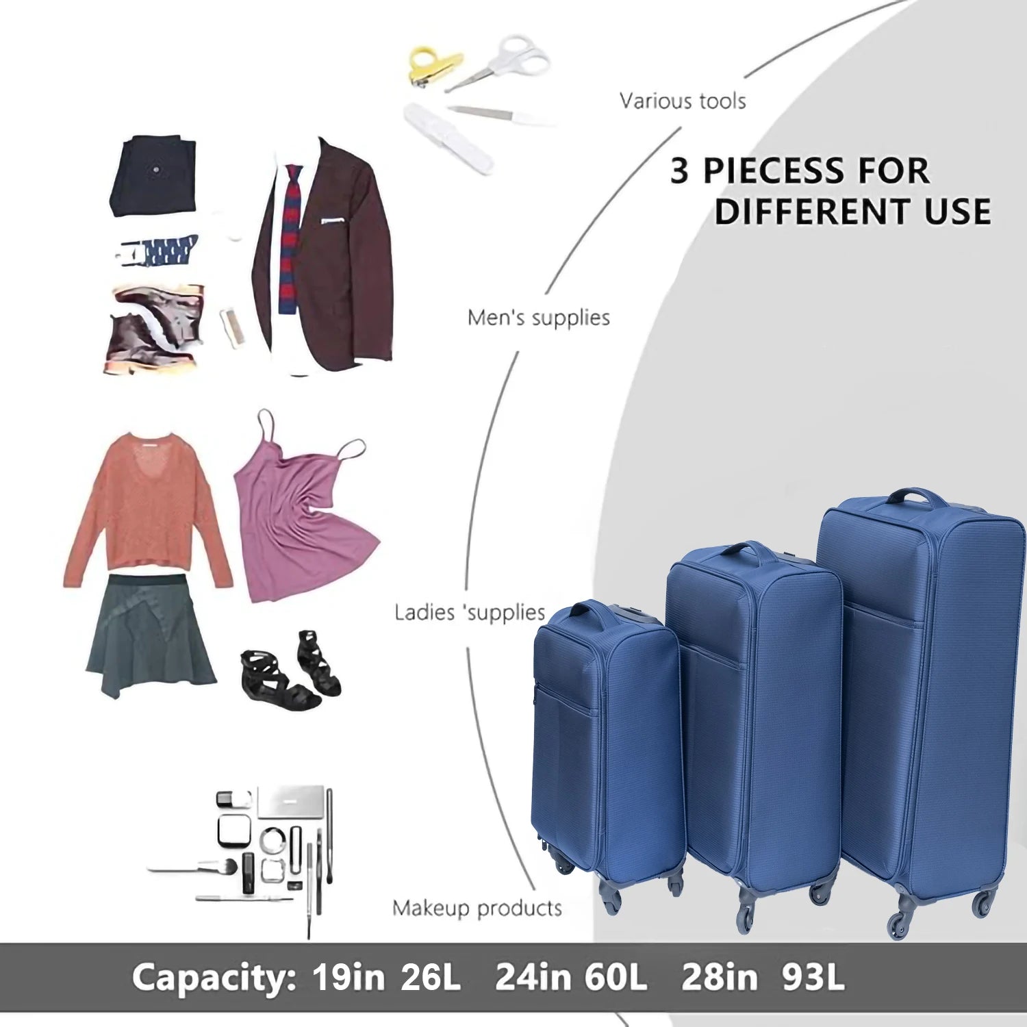 3 PCS Oxford cloth suitcase Dark blue(No password lock)  carry on luggage with wheels  luggage set