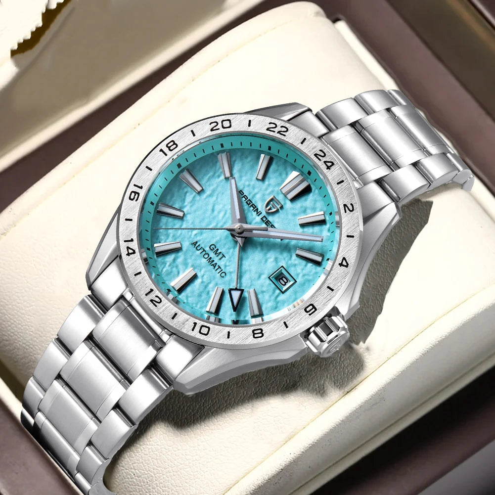 PAGANI DESIGN 39MM New GMT Sky blue dial Luxury Men Mechanical Watch Water Resistance Sapphire Glass Automatic watches for men