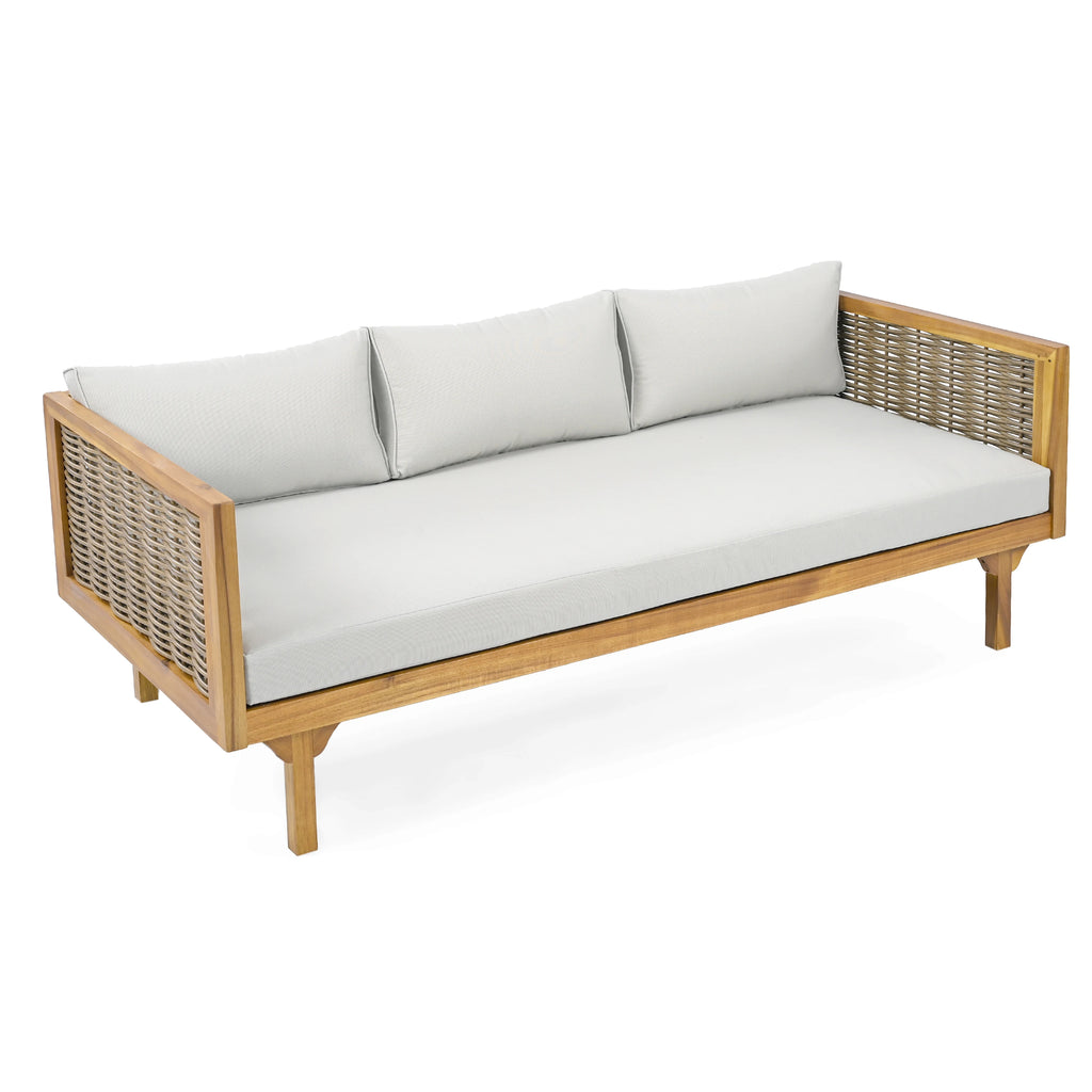 3 Seater Sofa Acacia Wood Outdoor Daybed Convertible Bed with Rattan Arm Cushion Pillow for Patio Garden