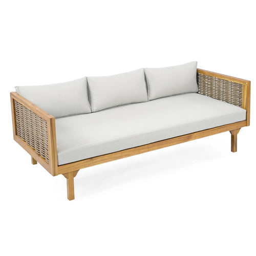 3 Seater Sofa Acacia Wood Outdoor Daybed Convertible Bed with Rattan Arm Cushion Pillow for Patio Garden