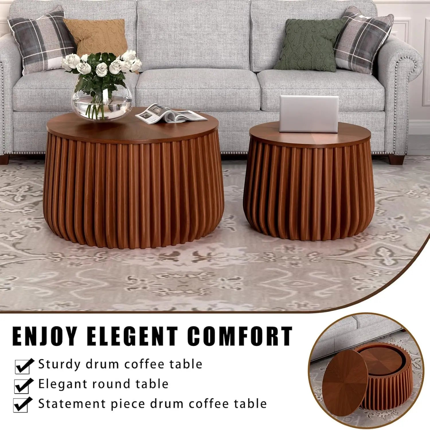 Round Storage Fluted Nesting Coffee Table Set of 2, Mid Century Modern Handcraft Circle Nested Coffee Table Set for, Customized