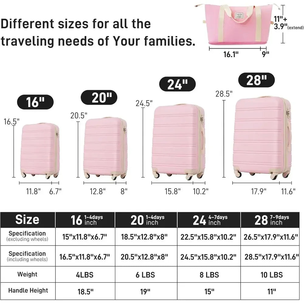13 Piece Luggage Set with Spinner Wheels, TSA Lock, Expandable Hard Cases in Light Pink, Sizes 16-28 Inches