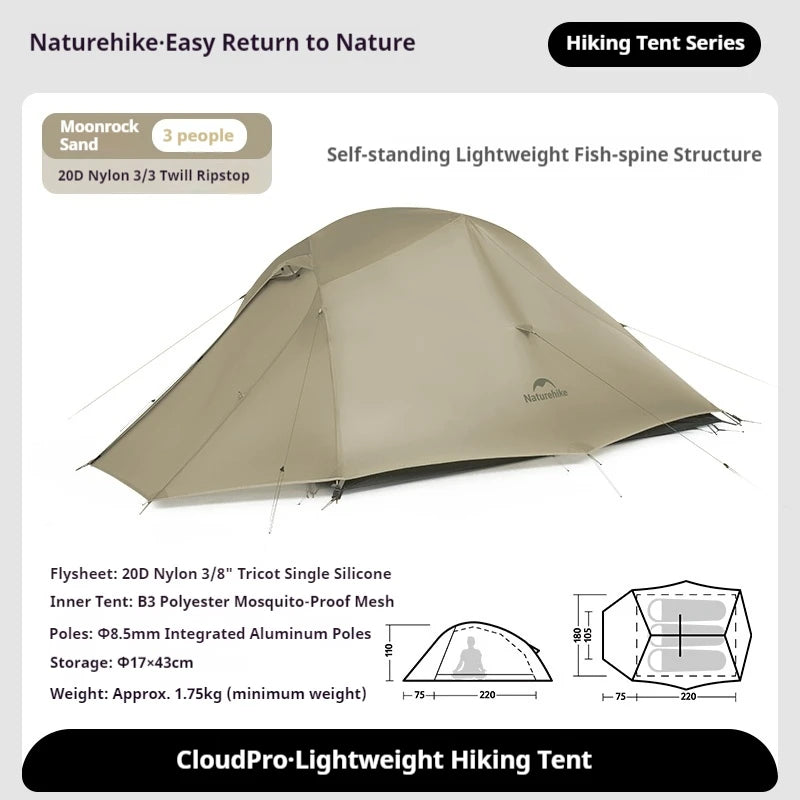 Naturehike Cloud Up Pro Hiking Tent Portable Outdoor Camping Tent 20D Nylon Waterproof Windproof Lightweight Tent for 3 Person