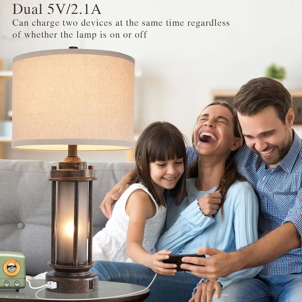 Rustic Vintage Table Lamp with 2 USB Ports, Glass Night Light, 4 Bulbs, Bronze Finish