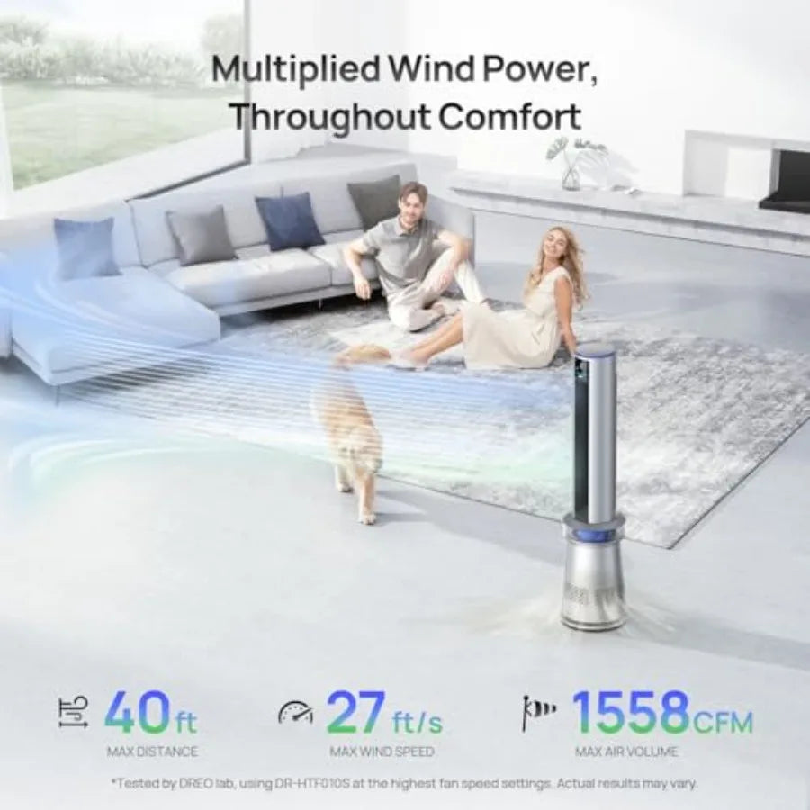 Bedroom tower fan, ABS plastic, silver blue, 2-in-1 air purifier and fan with 27ft/s velocity, 120 oscillation, 24H timer, 25dB