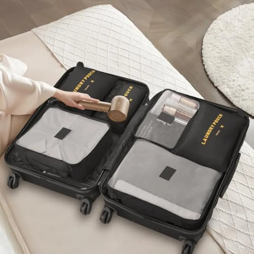 3 Piece Luggage Sets ABS Hardshell Suitcase with Spinner Wheels in Black with 6PC Packing Bags for Travel and Business Use