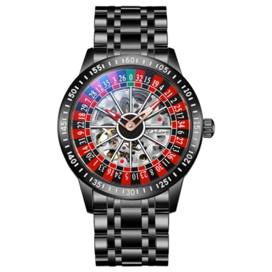 Men's Watch Automatic Hollow Mechanical Roulette Wheel Design 30M Waterproof Casual Fashion Wristwatches for Men