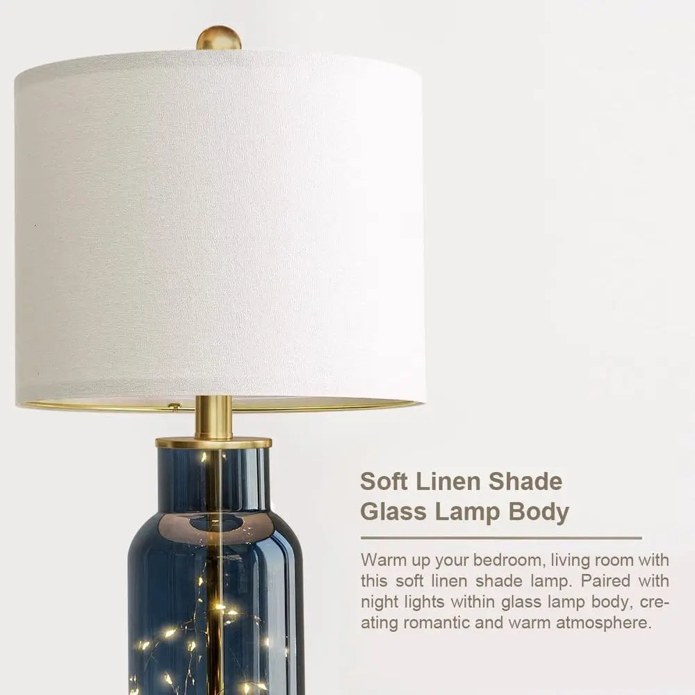 Set of 2 Blue Glass Table Lamps with LED Night Lights, USB Ports for Living Room, Bedroom, Study, and End Tables (2 Bulbs Includ