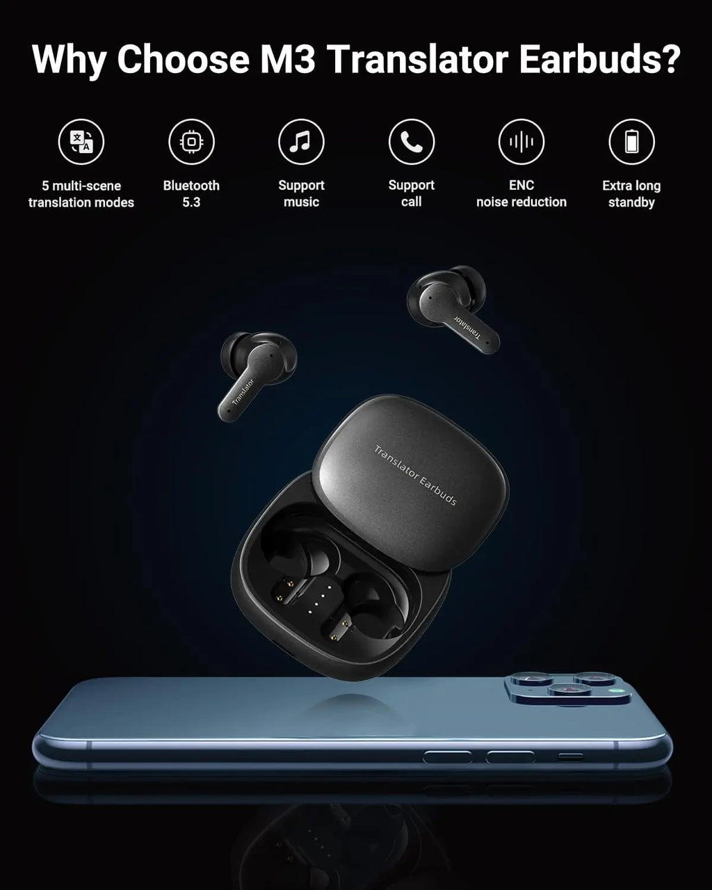 Real-Time AI Translator Earbuds - 144 Languages, 5 Modes for Travel Business Learning, Black