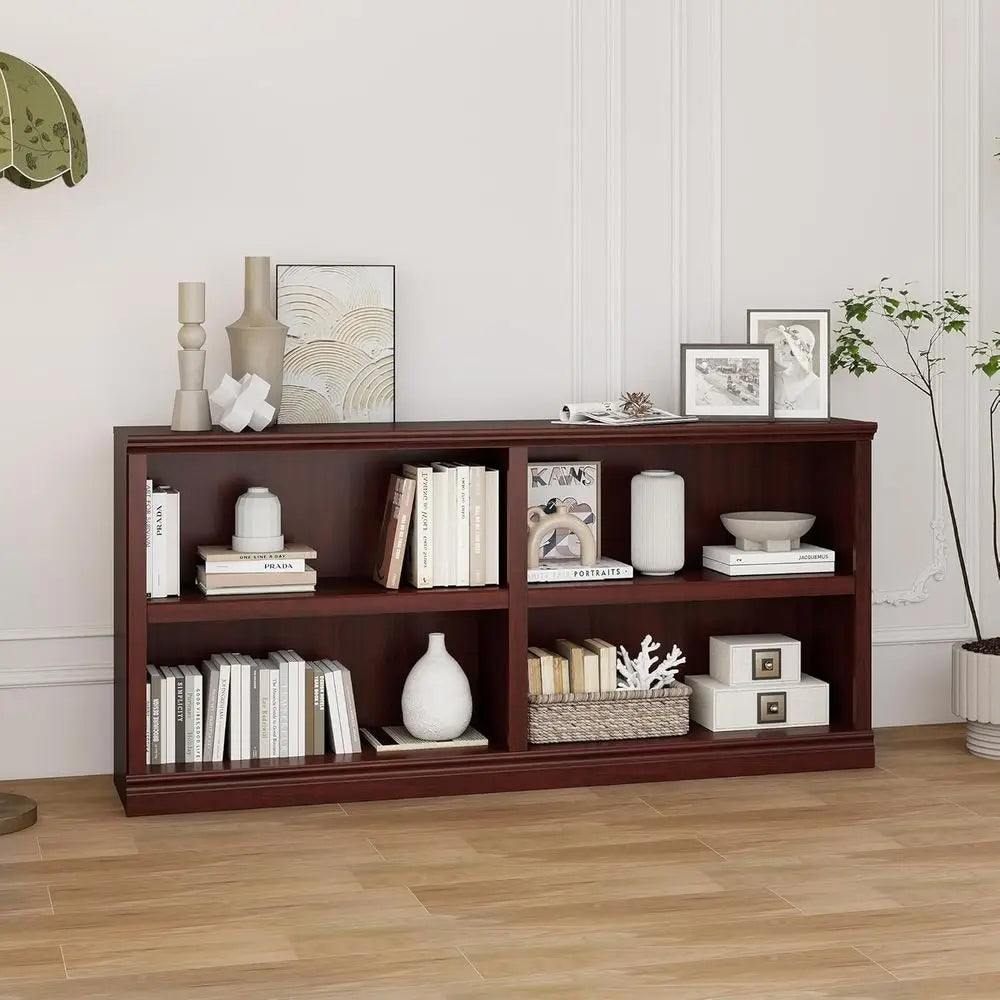 64 Double Wide 2-Tier Bookshelf with 4 Cubes, Cherry Wood, for Home and Office Storage and Display