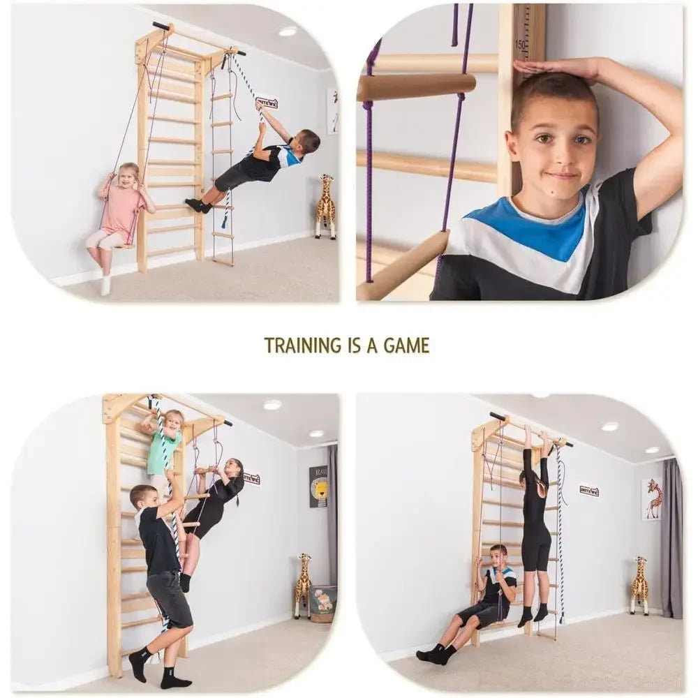 Wooden Wall Ladder with Pull-Up and Dip Station - Multifunctional Home Gym Equipment for Strength and Stretching